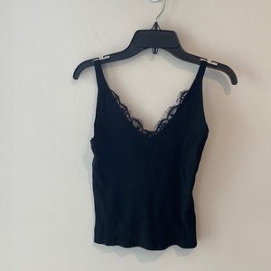 Black Ribbed V Neck Tank With Lace